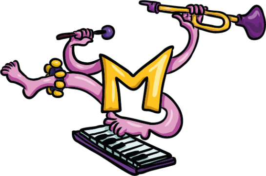 illustratie letter M die keyboard speelt met instrumenten in de hand