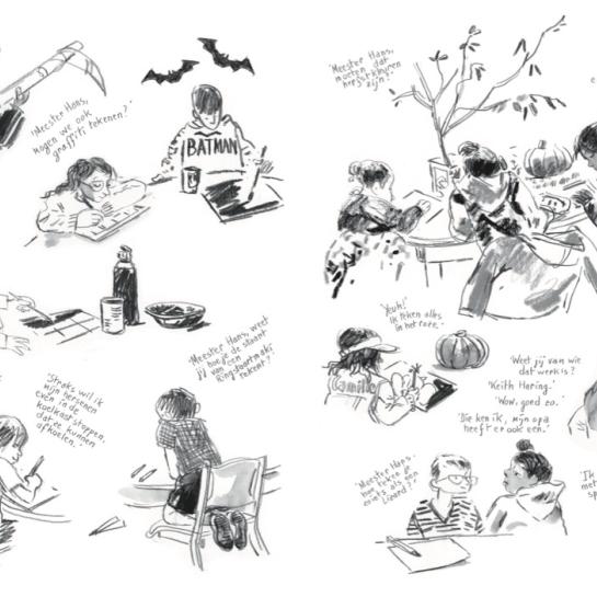 illustratie kinderen in de les beeldatelier